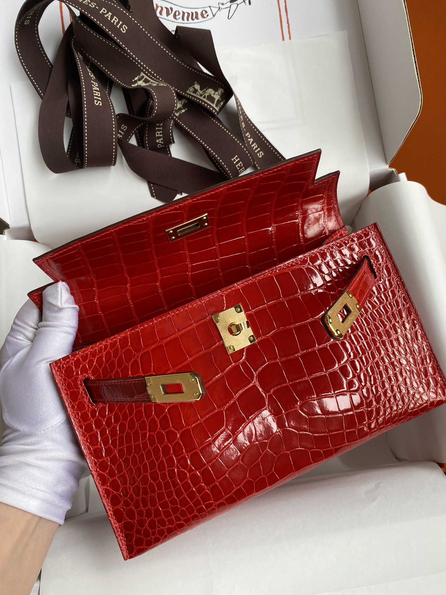 Hermes Mini Kelly Pochette 22cm Bag In Red Shiny Alligator Leather